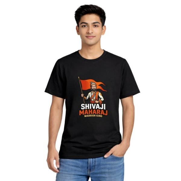 Shivaji Maharaj Warrior King With Flag | Shivaji Maharaj Tshirt Round Neck Half Sleeve